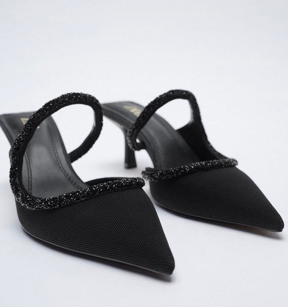 Zara - Crystal trim kitten heel mules - Size 40