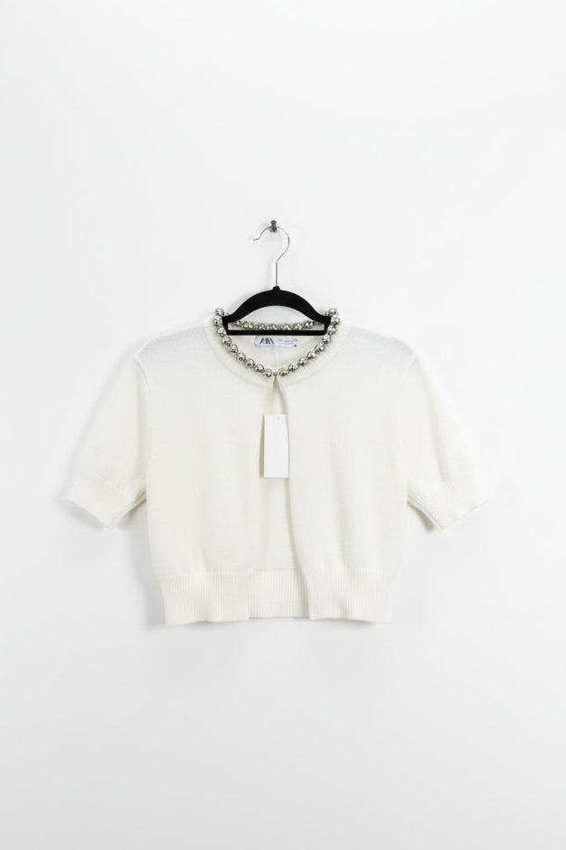 Zara - White/silver bead trim cardigan - Size L (S)