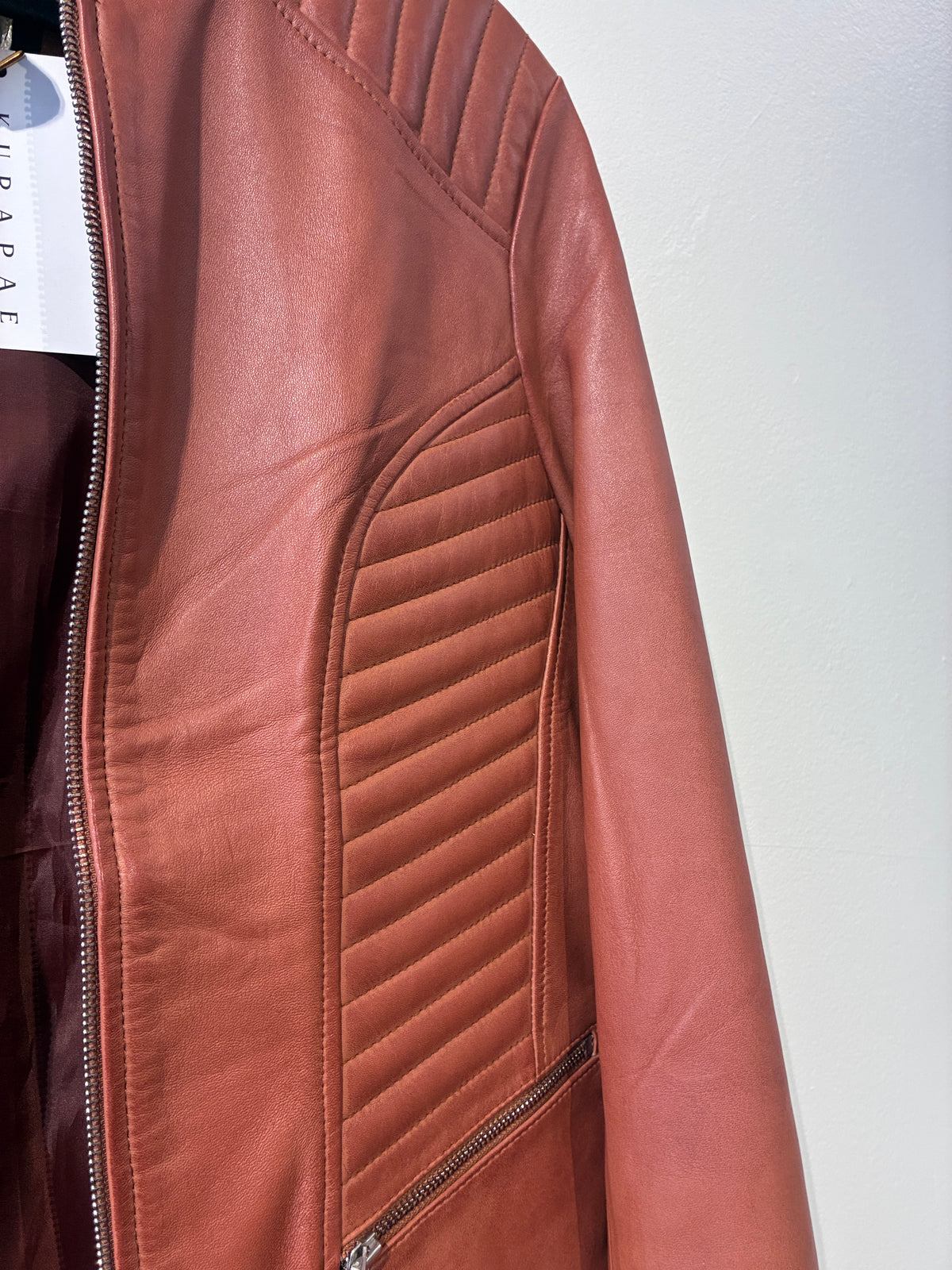 Real Leather - Tan leather moto jacket - Size L