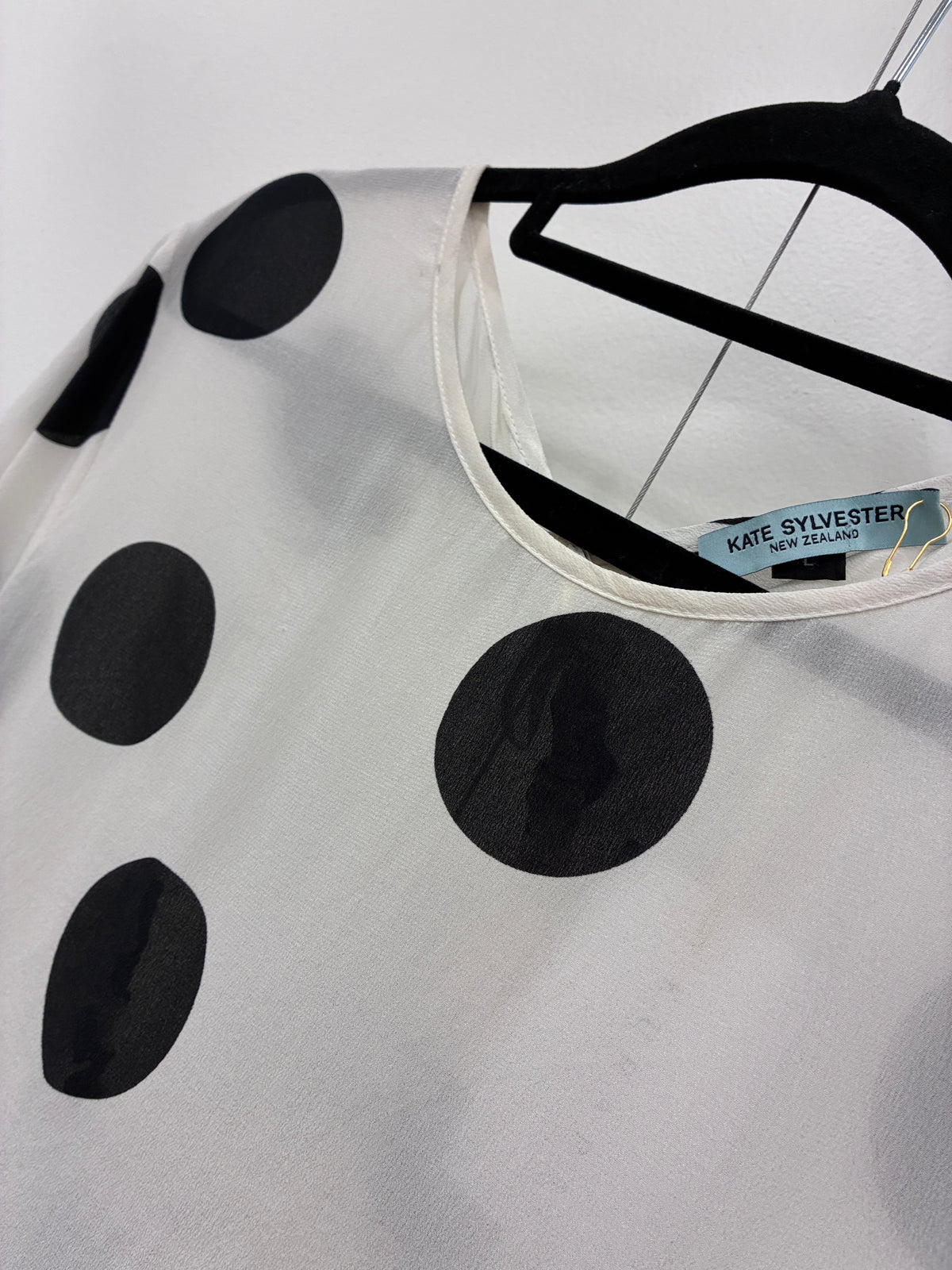 Kate Sylvester - White/black polka dot silk top - Size L