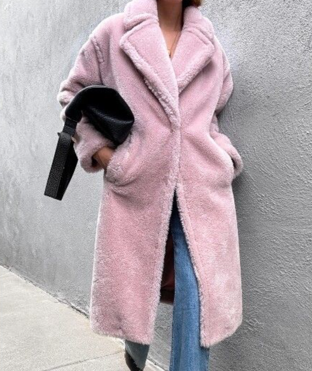 Decjuba Dusky Pink Faux Fur Coat - Size 10