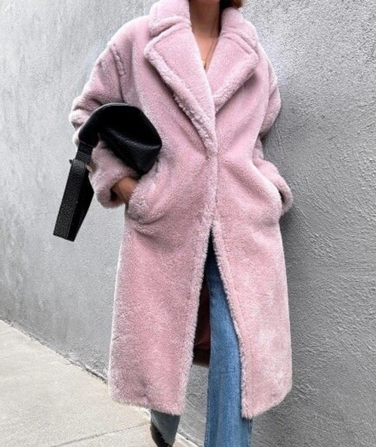 Decjuba Dusky Pink Faux Fur Coat - Size 10