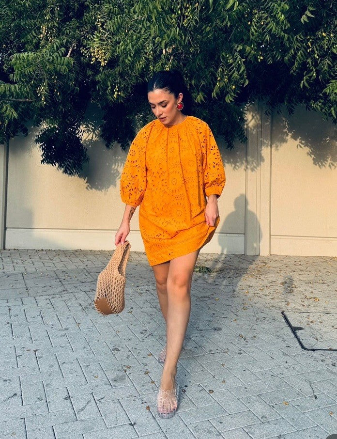 Zara - Yellow broderie anglais mini dress - Size L
